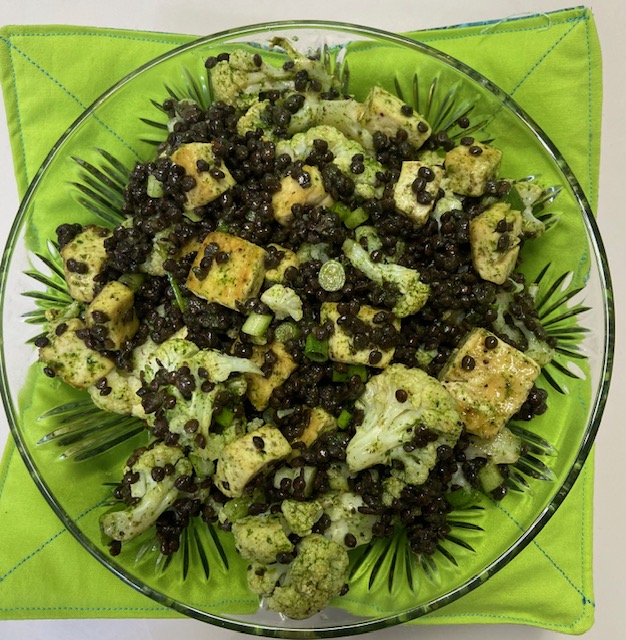 Roasted Cauliflower, Tofu, and Black Lentil Salad with Cilantro-Lime Dressing