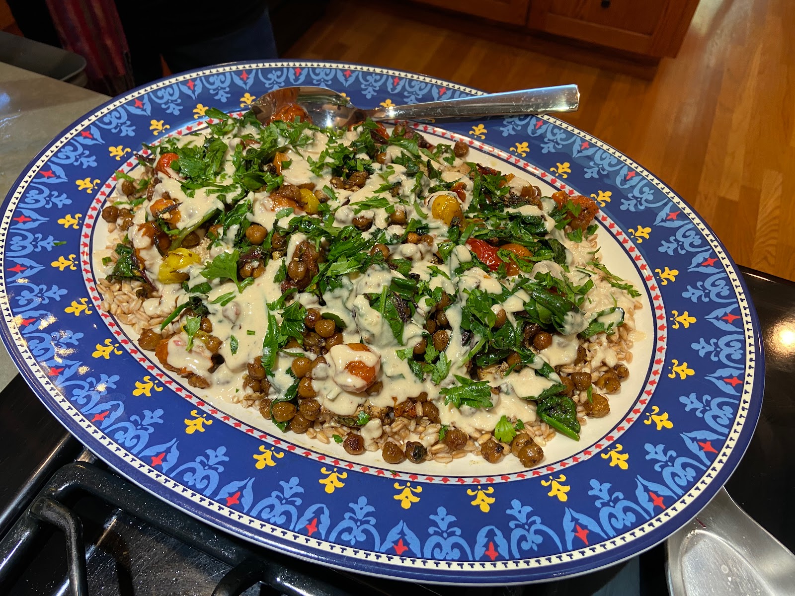 Za’atar Roasted Tofu with Chickpeas, Tomatoes and Tahini